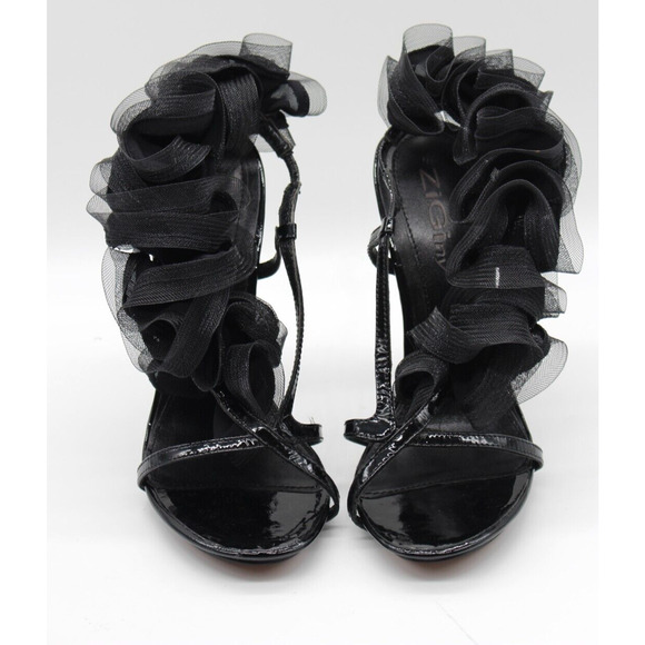 ZigiNY Zigi NY Black Satin Chiffon Ruffle Wedding Prom Sandal Heels Size 7.5 - Picture 4 of 8